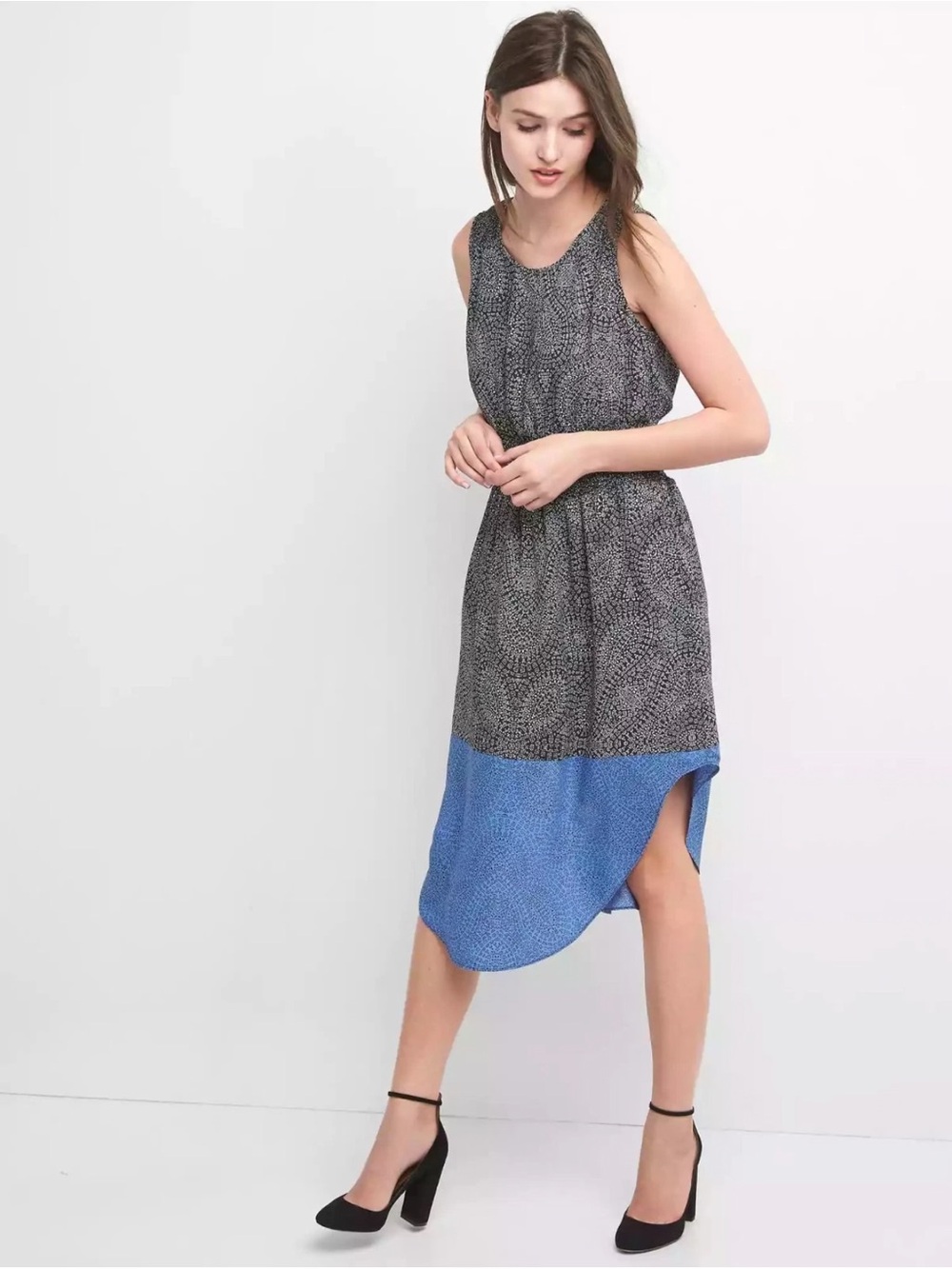 Gap Black Print Blue Colorblock Smocked Midi Dress S
